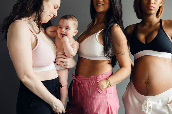 Stylish nursing bras shown in pink, cream and black colors.